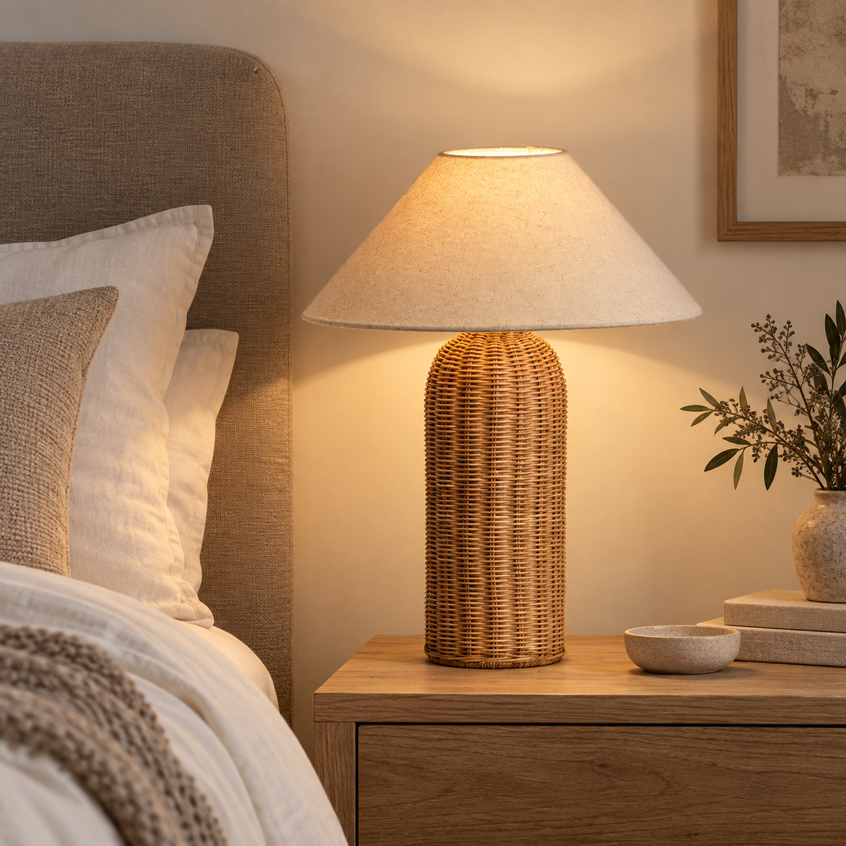Lampe à poser en rotin 47 cm allumée sur un chevet