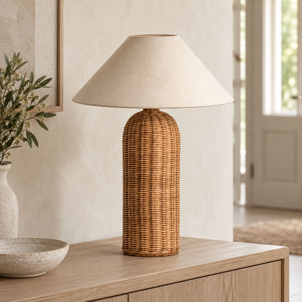 Lampe à poser en rotin 47 cm sur une console d’entrée