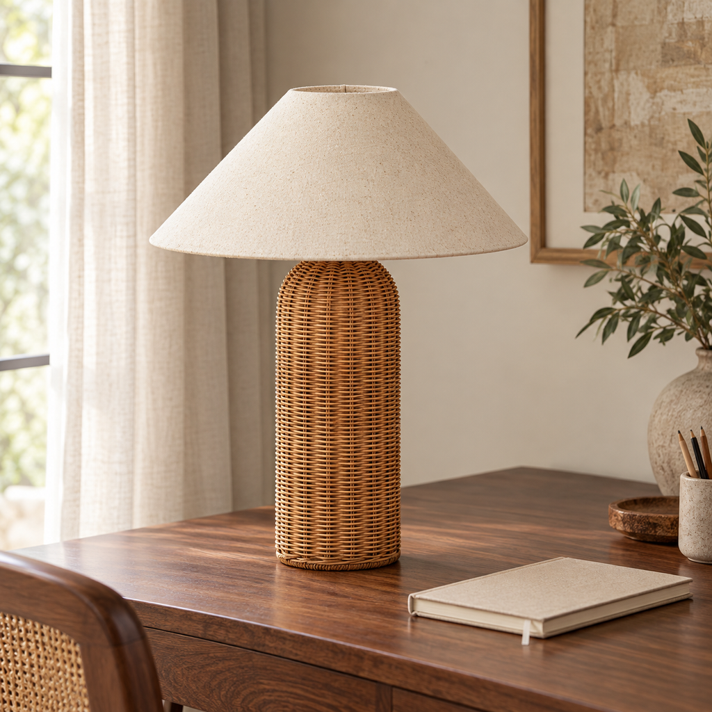 Lampe à poser en rotin 47 cm dans un bureau