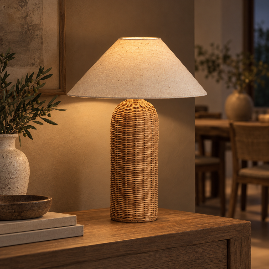 Lampe à poser en rotin 47 cm allumée en soirée