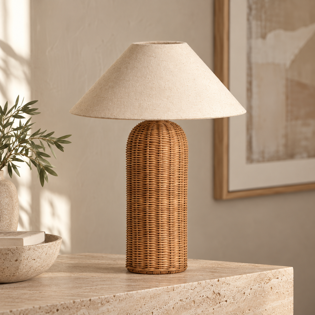 Lampe à poser en rotin 47 cm sur un meuble bas