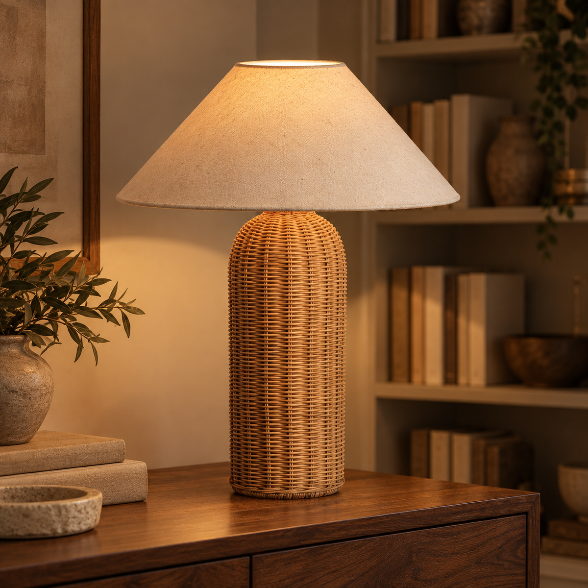 Lampe à poser en rotin 47 cm dans une bibliothèque