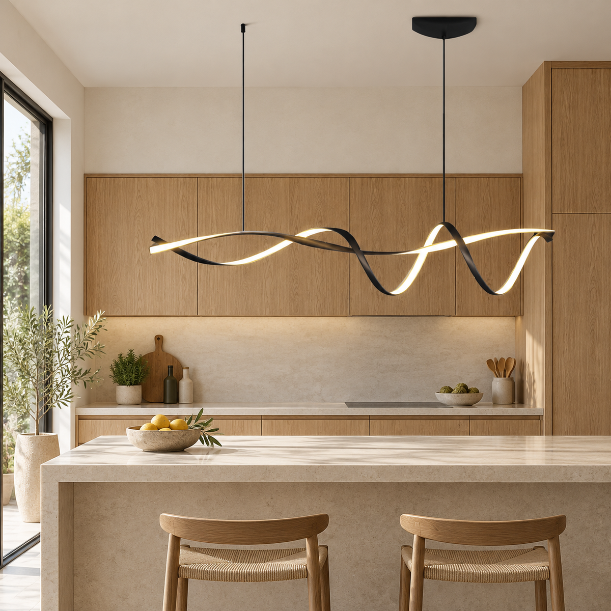 Suspension nordique ondulée noire dans une cuisine en chêne — mise en scène illustrative