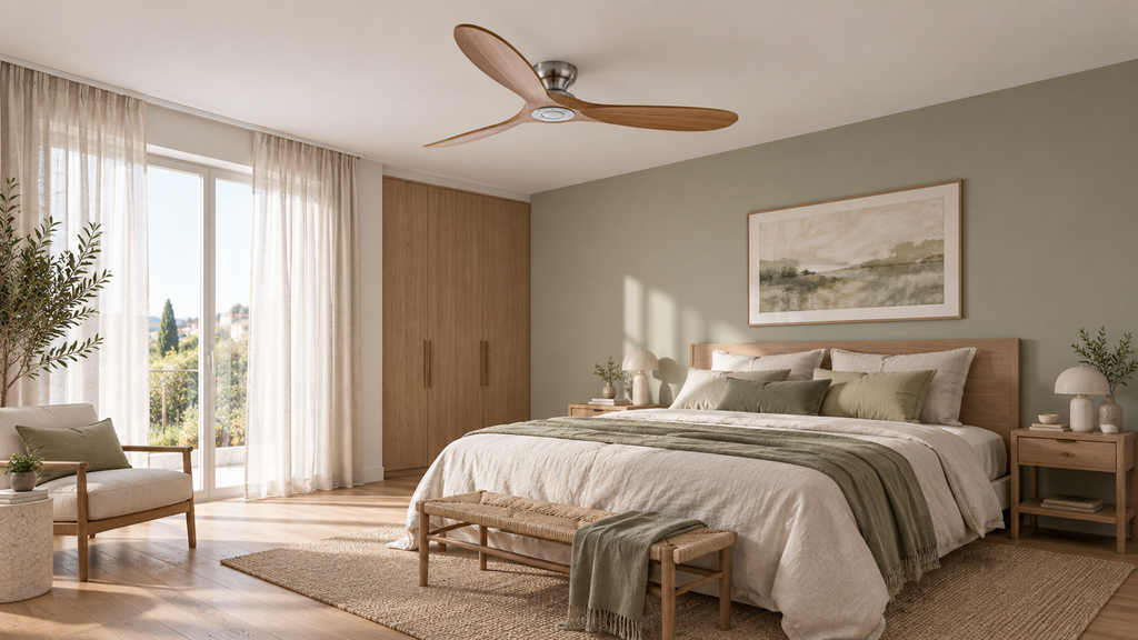 Ventilateur de plafond bois naturel et argent, trois pales — chambre ; mise en scène illustrative