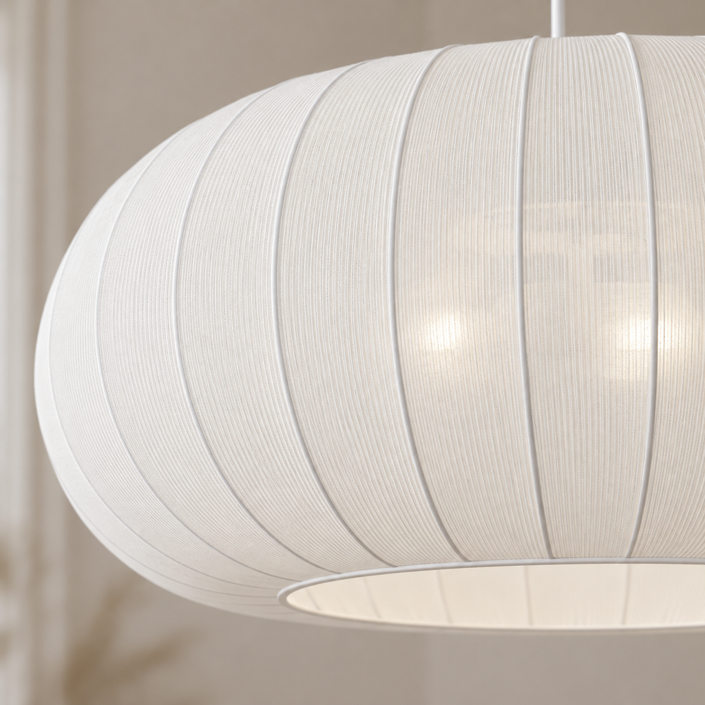 Suspension Voilure, blanche, Ø 70 cm, textile, 3 x E27 — Détail du tissu — Mise en scène illustrative · Blanche, diamètre 70 cm