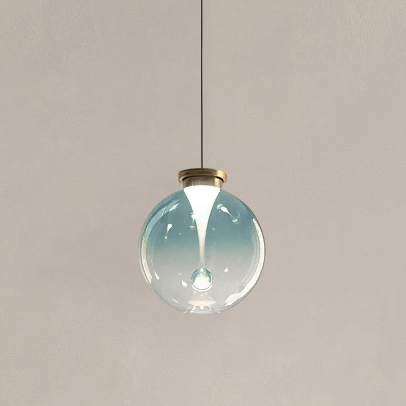 Suspension en verre coloré — Finition dorée — D 7.9″ x H 8.7″ / D 20cm x H 22cm / Bleu / Lumière Chaude
