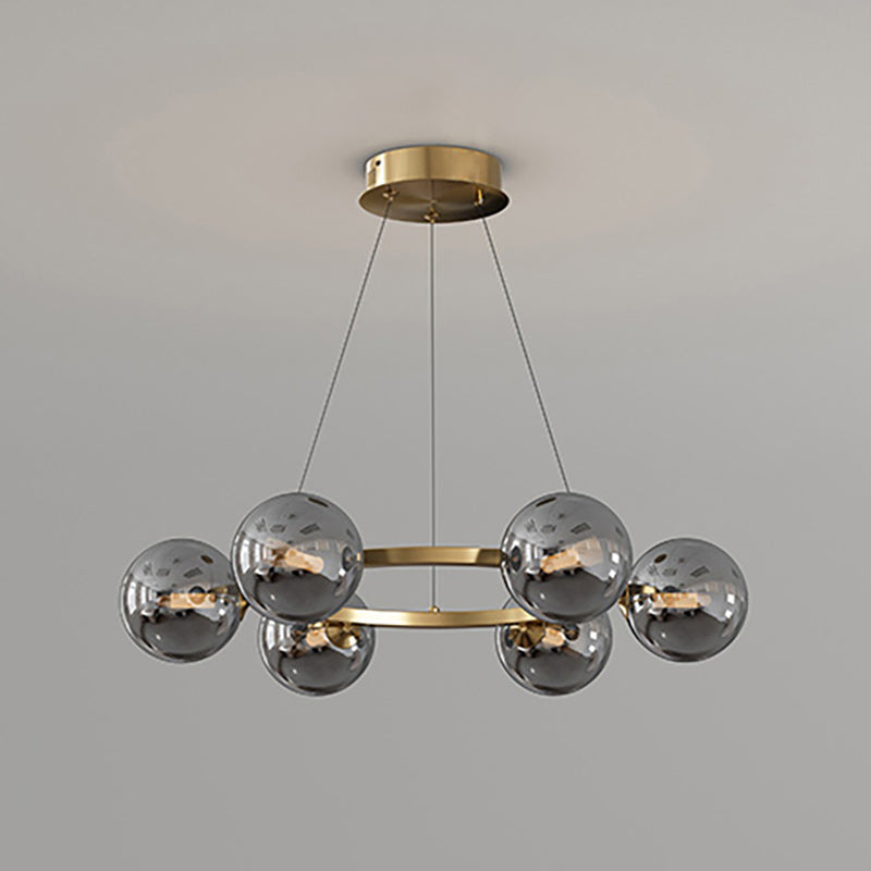 Lustre à globes de verre — 6 heads: D 22.8″ x H 4.7″ / D 58cm x H 12cm / Cuivre & Gris Fumé