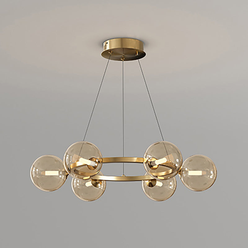 Lustre à globes de verre — 6 heads: D 22.8″ x H 4.7″ / D 58cm x H 12cm / Cuivre & Ambre