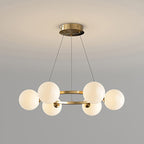 Lustre à globes de verre — 6 heads: D 22.8″ x H 4.7″ / D 58cm x H 12cm / Cuivre & Blanc