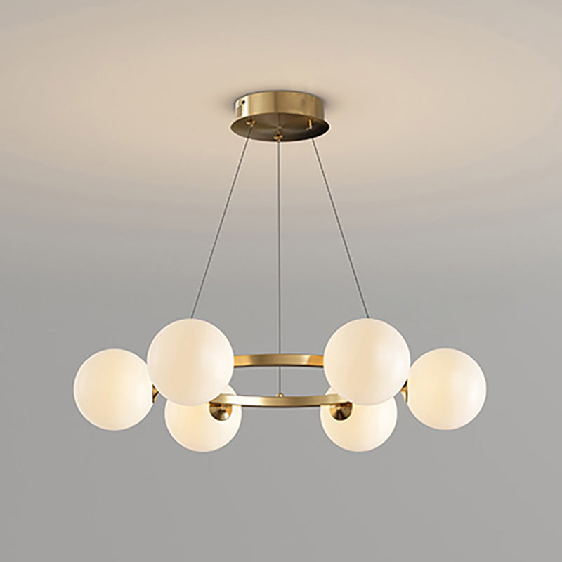 Lustre à globes de verre — 6 heads: D 22.8″ x H 4.7″ / D 58cm x H 12cm / Cuivre & Blanc