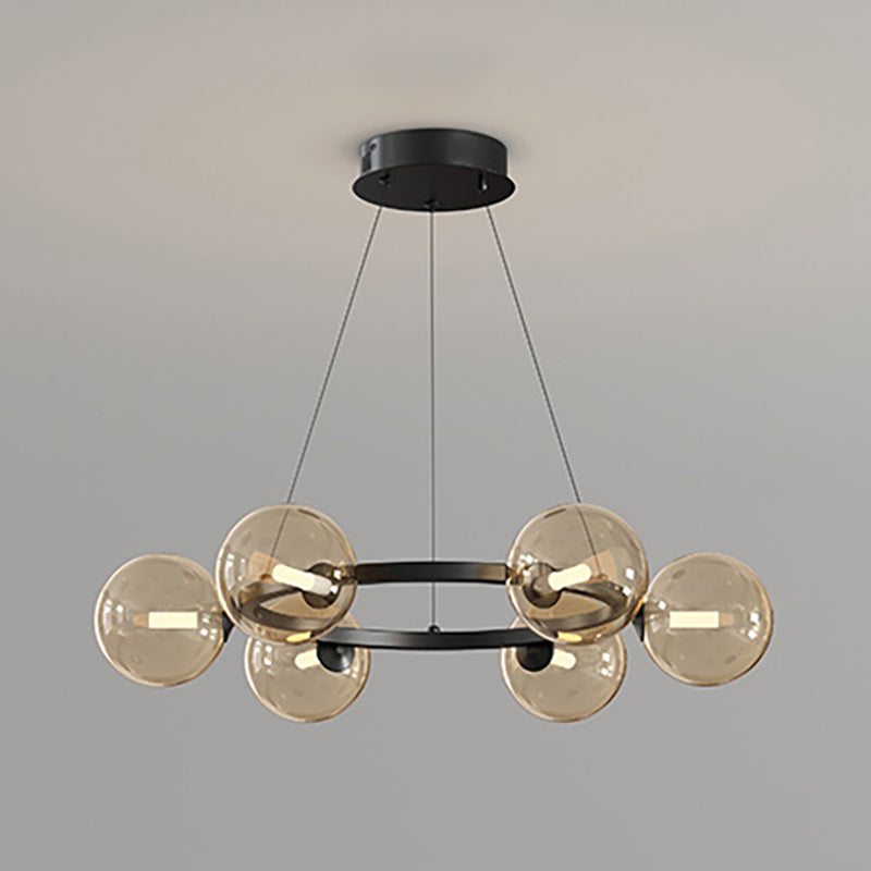 Lustre à globes de verre — 6 heads: D 22.8″ x H 4.7″ / D 58cm x H 12cm / Noir & Ambre