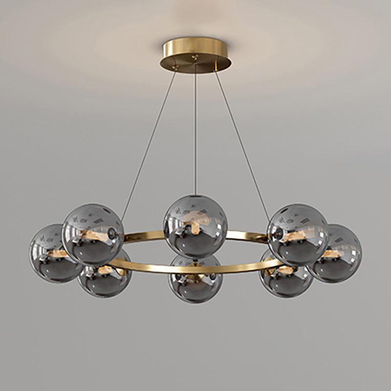 Lustre à globes de verre — 8 heads: D 25.6″ x H 4.7″ / D 65cm x H 12cm / Cuivre & Gris Fumé