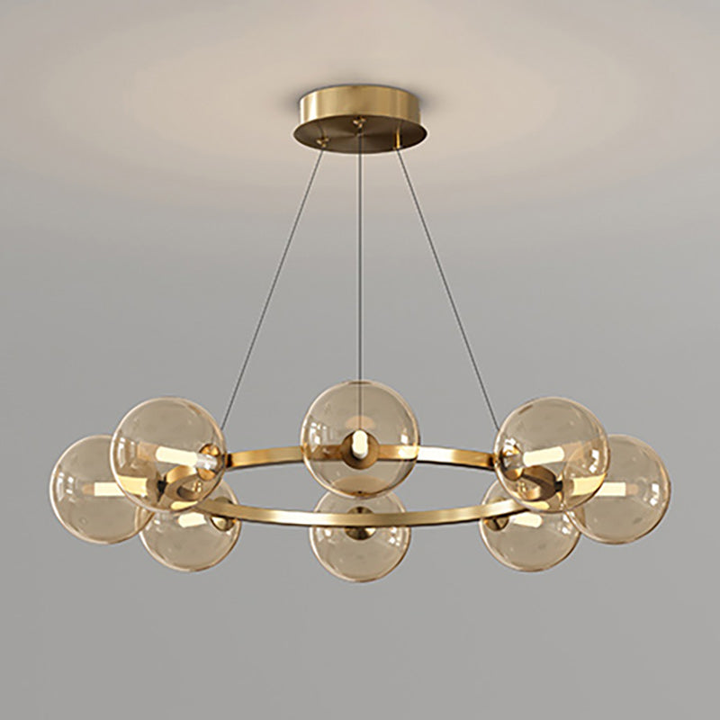 Lustre à globes de verre — 8 heads: D 25.6″ x H 4.7″ / D 65cm x H 12cm / Cuivre & Ambre