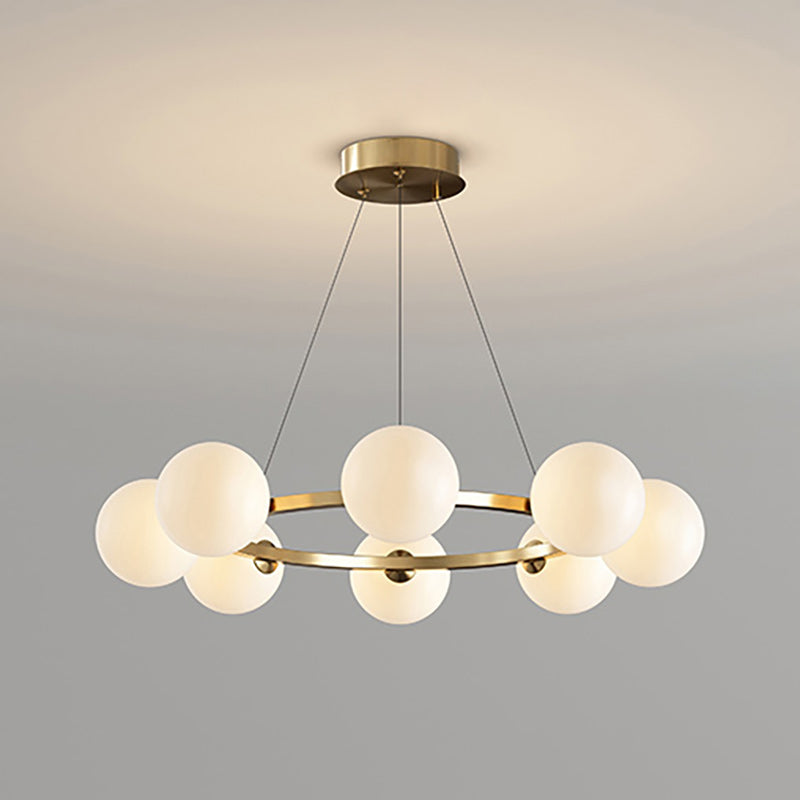 Lustre à globes de verre — 8 heads: D 25.6″ x H 4.7″ / D 65cm x H 12cm / Cuivre & Blanc