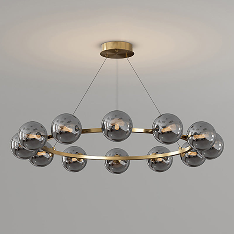 Lustre à globes de verre — 12 heads: D 34.6″ x H 4.7″ / D 88cm x H 12cm / Cuivre & Gris Fumé