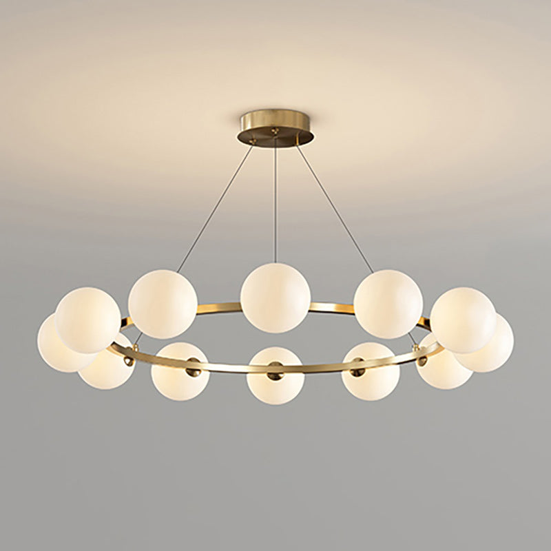 Lustre à globes de verre — 12 heads: D 34.6″ x H 4.7″ / D 88cm x H 12cm / Cuivre & Blanc