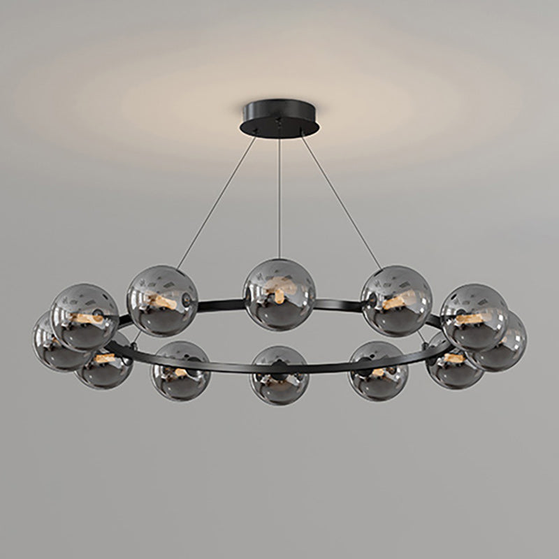 Lustre à globes de verre — 12 heads: D 34.6″ x H 4.7″ / D 88cm x H 12cm / Noir & Gris Fumé