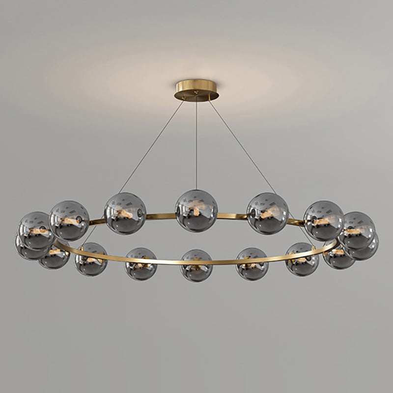Lustre à globes de verre — 16 heads: D 45.3″ x H 4.7″ / D 115cm x H 12cm / Cuivre & Gris Fumé