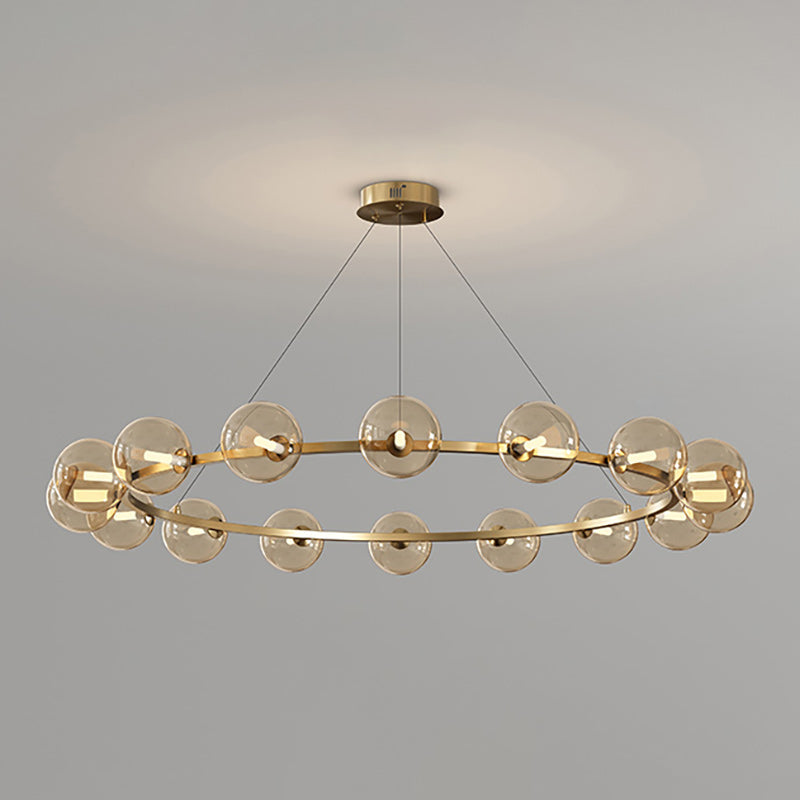 Lustre à globes de verre — 16 heads: D 45.3″ x H 4.7″ / D 115cm x H 12cm / Cuivre & Ambre
