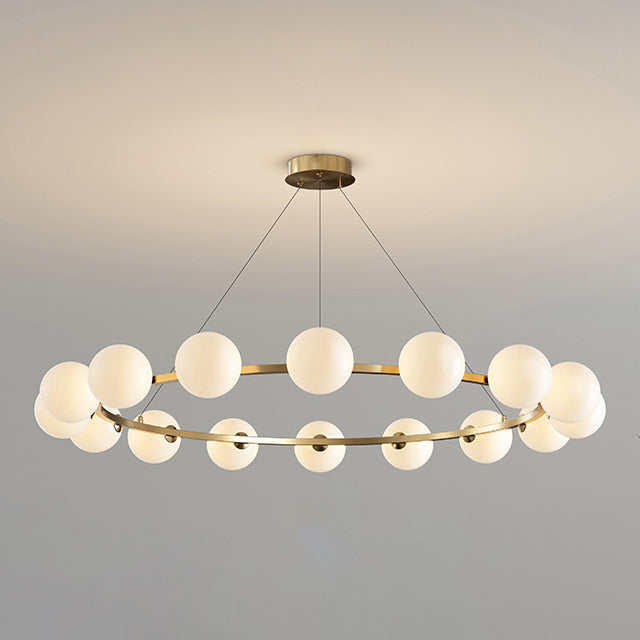 Lustre à globes de verre — 16 heads: D 45.3″ x H 4.7″ / D 115cm x H 12cm / Cuivre & Blanc