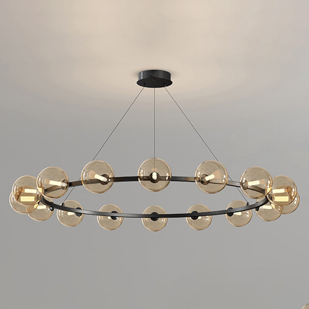 Lustre à globes de verre — 16 heads: D 45.3″ x H 4.7″ / D 115cm x H 12cm / Noir & Ambre