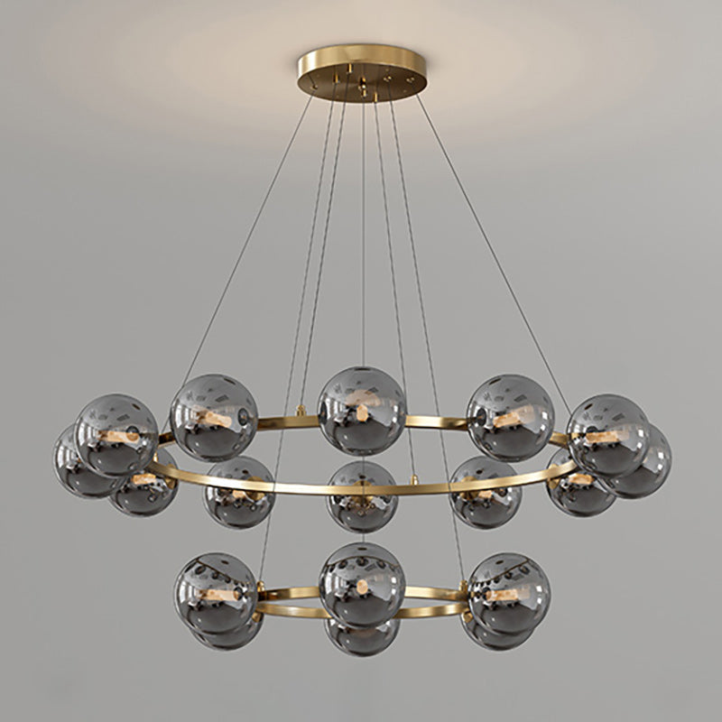 Lustre à globes de verre — 6+12 heads: D 22.8″ + D 34.6″ x H 4.7″ / Cuivre & Gris Fumé