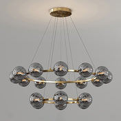 Lustre à globes de verre — 6+12 heads: D 22.8″ + D 34.6″ x H 4.7″ / Cuivre & Gris Fumé