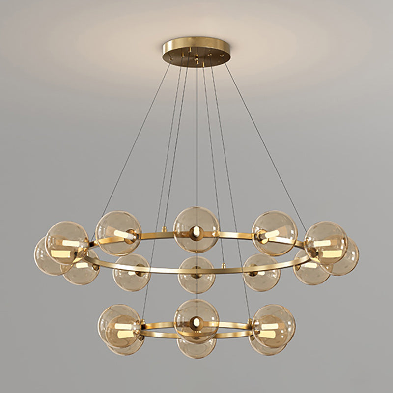 Lustre à globes de verre — 6+12 heads: D 22.8″ + D 34.6″ x H 4.7″ / Cuivre & Ambre