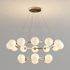 Lustre à globes de verre — 6+12 heads: D 22.8″ + D 34.6″ x H 4.7″ / Cuivre & Blanc