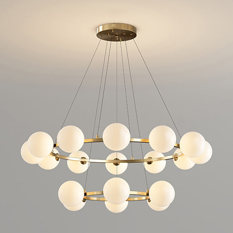 Lustre à globes de verre — 6+12 heads: D 22.8″ + D 34.6″ x H 4.7″ / Cuivre & Blanc