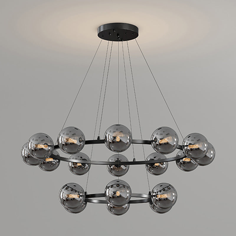Lustre à globes de verre — 6+12 heads: D 22.8″ + D 34.6″ x H 4.7″ / Noir & Gris Fumé
