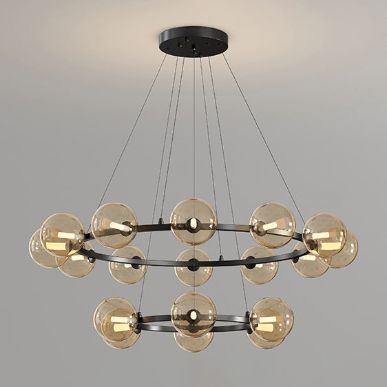 Lustre à globes de verre — 6+12 heads: D 22.8″ + D 34.6″ x H 4.7″ / Noir & Ambre