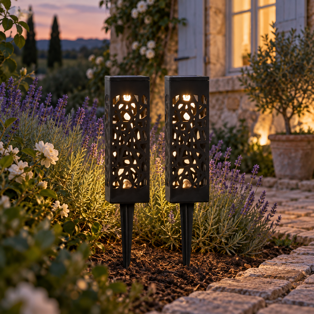 Albelle | Lampe de Jardin Solaire LED Ambiance Chaleureuse — blanc chaud, lot de deux — mise en scène générée 6