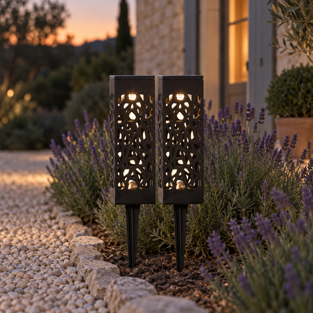 Albelle | Lampe de Jardin Solaire LED Ambiance Chaleureuse — blanc chaud, lot de deux — mise en scène générée 1