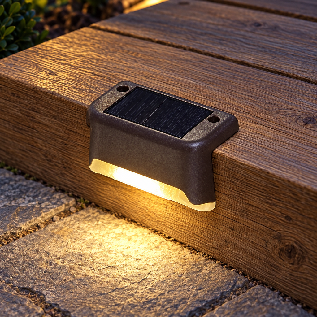 Lampe solaire LED imperméable pour éclairage d'extérieur — mise en scène générée 4 — détail d’une unité marron, blanc chaud