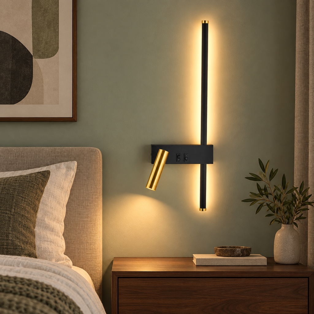 Lampe de Chevet Murale LED Moderne — mise en scène générée 2 — modèle droit, blanc chaud