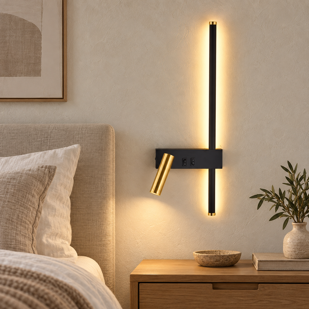 Lampe de Chevet Murale LED Moderne — mise en scène générée 1 — modèle droit, blanc chaud