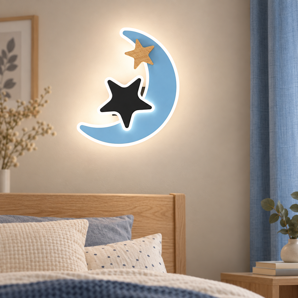 Eclairage chambre enfant — mise en scène générée 3 — lune bleue avec étoiles