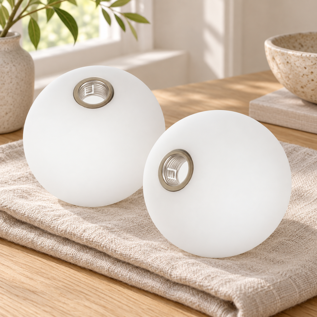 Duo Globe — deux globes blancs seuls — mise en scène générée 7