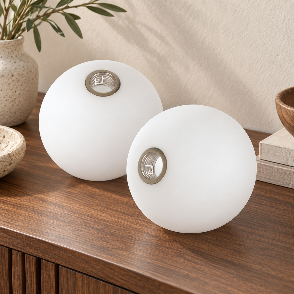 Duo Globe — deux globes blancs seuls — mise en scène générée 9