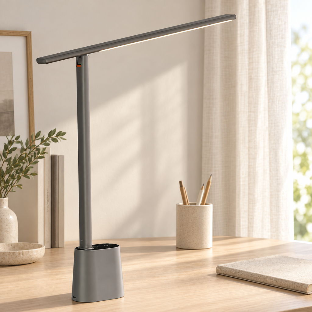 Axis | Lampe de bureau LED pliable — gris — mise en scène générée 3