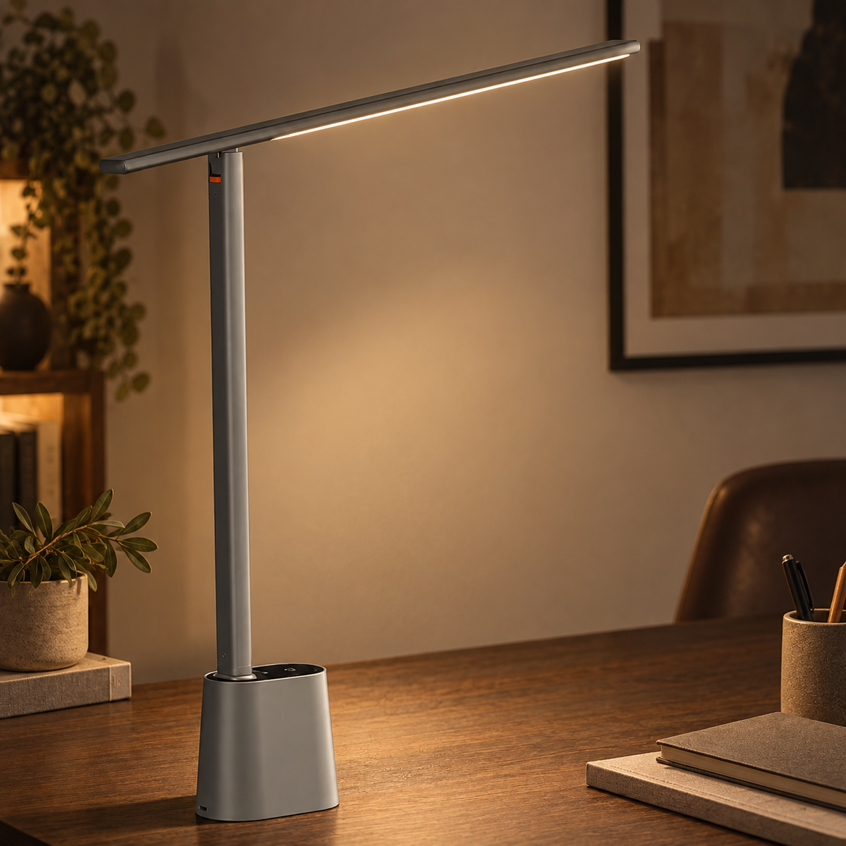 Axis | Lampe de bureau LED pliable — gris — mise en scène générée 4