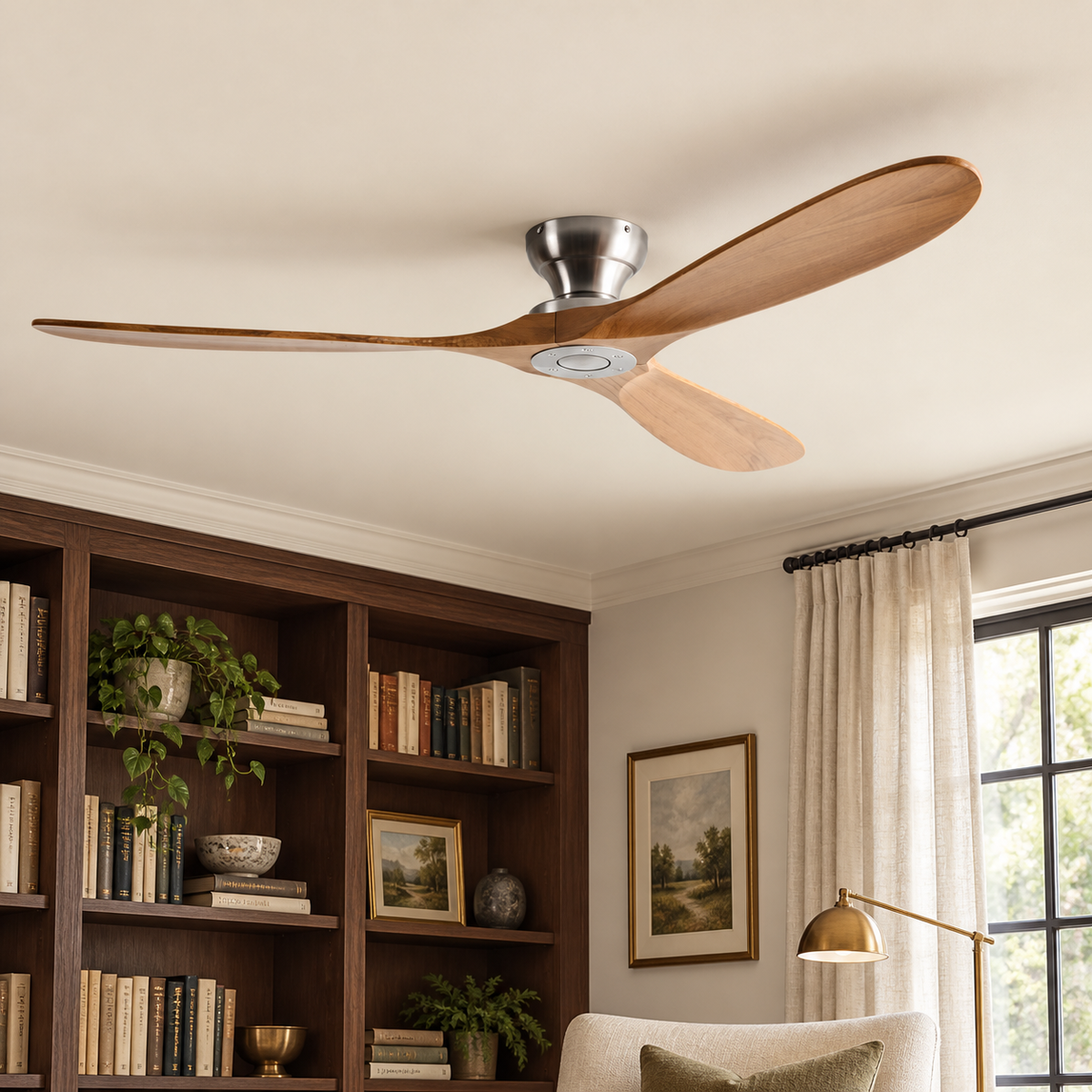 Ventilateur de plafond — Bois naturel et argent — bois naturel et argent — mise en scène générée 3