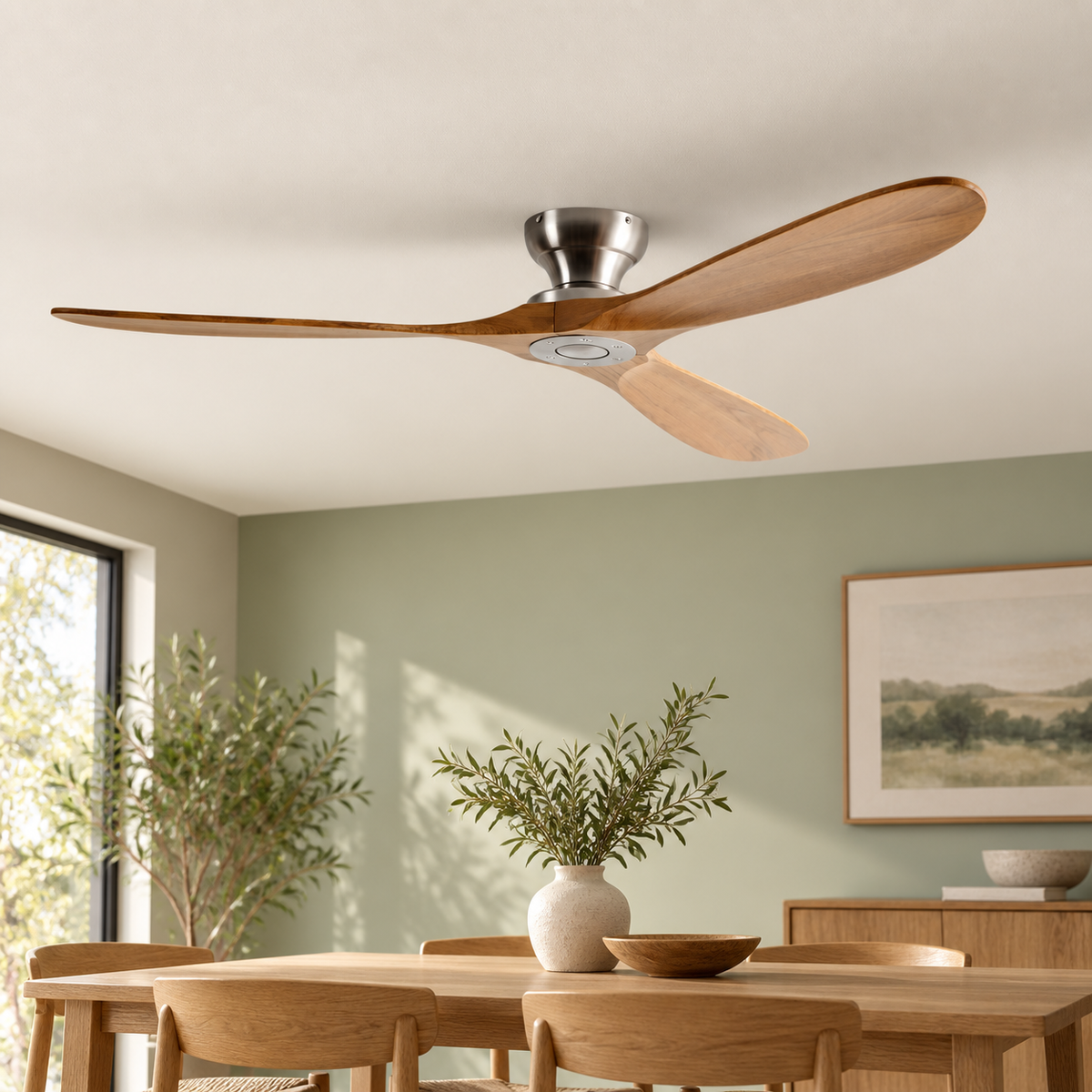 Ventilateur de plafond — Bois naturel et argent — bois naturel et argent — mise en scène générée 1
