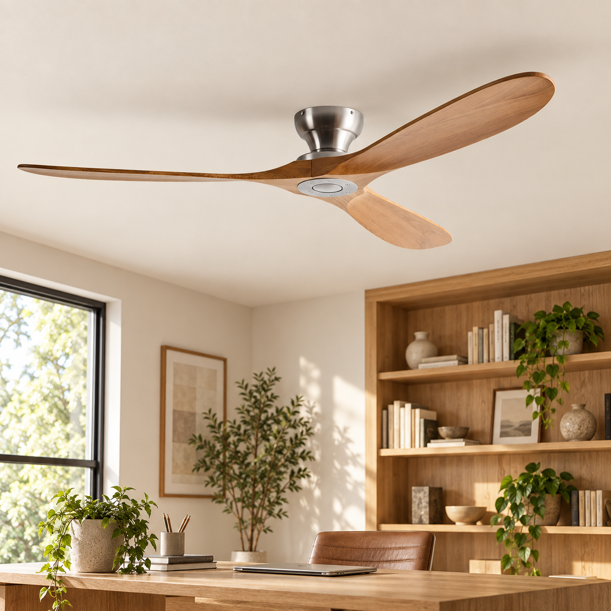 Ventilateur de plafond — Bois naturel et argent — bois naturel et argent — mise en scène générée 2