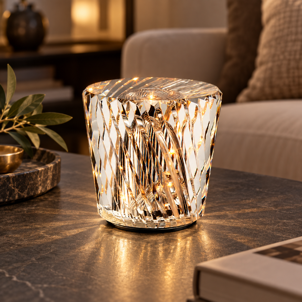 Lampe de table diamant — transparent, facettes torsadées — mise en scène générée 10