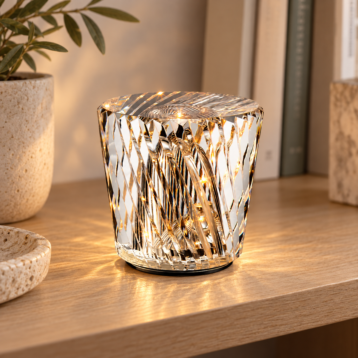 Lampe de table diamant — transparent, facettes torsadées — mise en scène générée 12