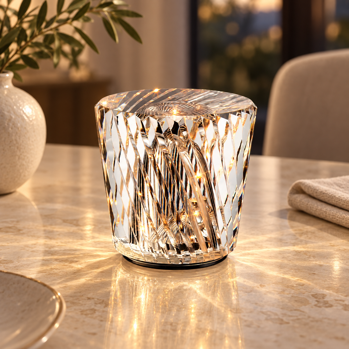 Lampe de table diamant — transparent, facettes torsadées — mise en scène générée 8