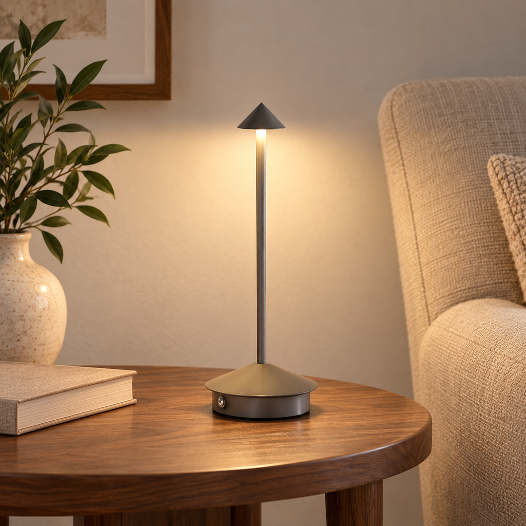 Lampe rechargeable — Ligne élancée — Gris — mise en scène générée