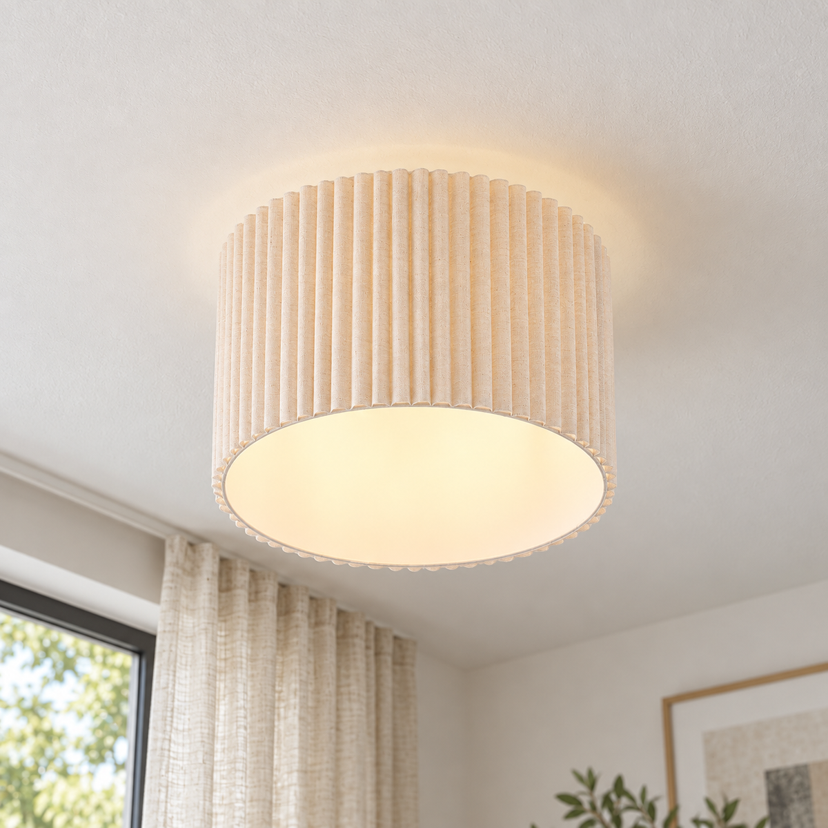 Plafonnier Lindby Libbie, Ø 45 cm, lin, couleur crème — crème — mise en scène générée 4